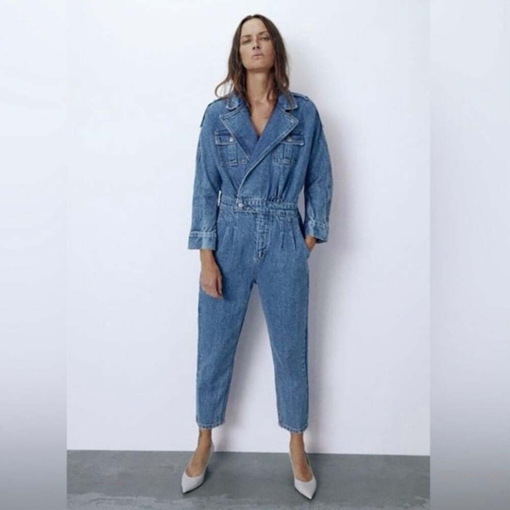 Zara The 80’s Jumpsuit Denim Boiler Suit Blue XS Utility Jean Romper